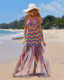 Women sexy crocheted wave pattern fringed beach cover-up dress two-piece set
