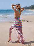 Women sexy crocheted wave pattern fringed beach cover-up dress two-piece set