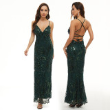 Women Sequin Dress Chic Suspender V Neck Backless Formal Party Maxi Evening Dress