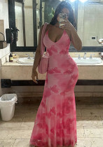 Women Summer Printed Backless Halter Neck Strappy Mermaid Dress