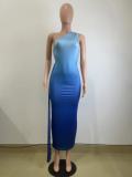 Women's Summer Sleeveless Slash Shoulder Gradient Color Sexy Slim Bodycon Long Dress