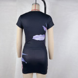 Women summer short-sleeved printed Top and Skirt two-piece set