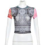 Women's Spring Fashion Sexy Short Slim Fit Color Block Printed Short Sleeve T-Shirt