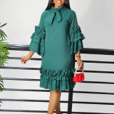 Women's Fashionable And Elegant Lace-Up Multi-Layered Ruffled Bell Bottom Sleeve Loose Dress