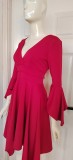 Women's Sexy Deep V Slim Ruffle Sleeve Irregular Dress