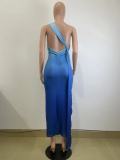 Women's Summer Sleeveless Slash Shoulder Gradient Color Sexy Slim Bodycon Long Dress