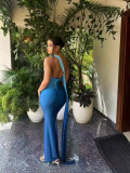 Women's Summer Sleeveless Slash Shoulder Gradient Color Sexy Slim Bodycon Long Dress