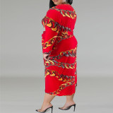 Plus Size Women's Printed Long Sleeve Round Neck Belt Dress