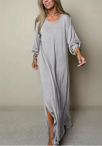 Plus Size Women's Long Sleeve V-Neck Loose Slit Dress