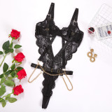 Sexy Lingerie Black Lace See-Through Chain Hollow Tight Fitting Bodysuit