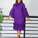 Women's Fashionable And Elegant Lace-Up Multi-Layered Ruffled Bell Bottom Sleeve Loose Dress