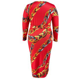 Plus Size Women's Printed Long Sleeve Round Neck Belt Dress