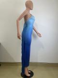 Women's Summer Sleeveless Slash Shoulder Gradient Color Sexy Slim Bodycon Long Dress