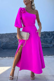 Spring Summer Slash Shoulder Slit Casual Party Satin Dress