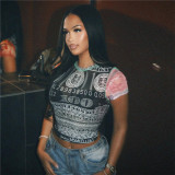 Women's Spring Fashion Sexy Short Slim Fit Color Block Printed Short Sleeve T-Shirt