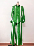 Fashion Casual Women's Spring And Autumn Striped Long Sleeve Shirt Loose Pants Women's Two-Piece Set