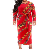 Plus Size Women's Printed Long Sleeve Round Neck Belt Dress