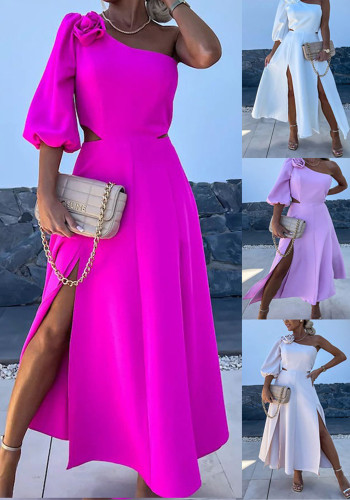 Spring Summer Slash Shoulder Slit Casual Party Satin Dress