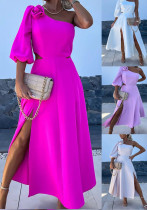 Spring Summer Slash Shoulder Slit Casual Party Satin Dress Spring Summer Slash Shoulder Slit Casual Party Satin Dress