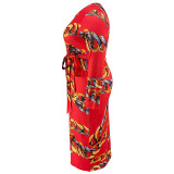 Plus Size Women's Printed Long Sleeve Round Neck Belt Dress