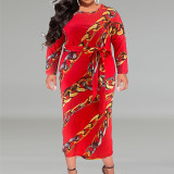 Plus Size Women's Printed Long Sleeve Round Neck Belt Dress