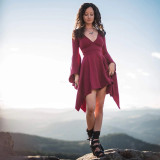 Women's Sexy Deep V Slim Ruffle Sleeve Irregular Dress