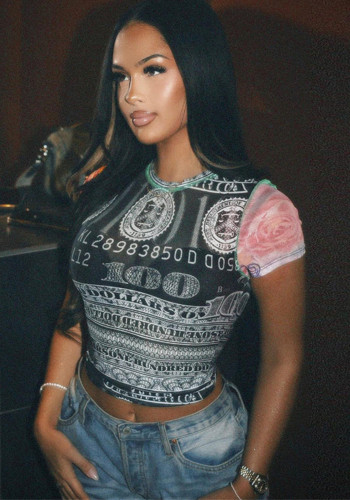 Women's Spring Fashion Sexy Short Slim Fit Color Block Printed Short Sleeve T-Shirt