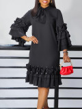 Women's Fashionable And Elegant Lace-Up Multi-Layered Ruffled Bell Bottom Sleeve Loose Dress
