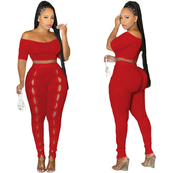 Women Summer Sexy Off Shoulder Short Sleeve Top and Button Pants Two-Piece Set