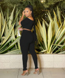 Women Summer Sexy Off Shoulder Short Sleeve Top and Button Pants Two-Piece Set