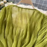 Pleated Puff Sleeves Slim Short Fashionable Chiffon Shirt Tops