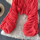 Pleated Puff Sleeves Slim Short Fashionable Chiffon Shirt Tops