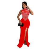 Fashion Women's Solid Color Beaded Mesh Sleeveless Long Dress