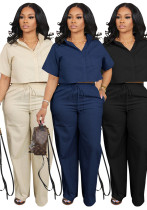 Women's Linen Short Sleeve Shirt Casual Pants Two Piece OL Office Summer Set
