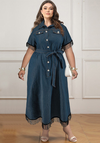 Plus Size Women's Short Sleeve Tassel Button Collar Belt Dress