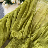 Pleated Puff Sleeves Slim Short Fashionable Chiffon Shirt Tops