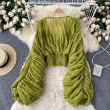 Pleated Puff Sleeves Slim Short Fashionable Chiffon Shirt Tops
