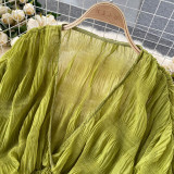 Pleated Puff Sleeves Slim Short Fashionable Chiffon Shirt Tops