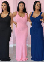 Summer Women's Solid Color Ribbed Ruffle Strap Side Slit Long Dress