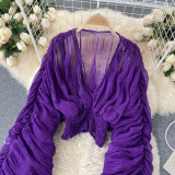 Pleated Puff Sleeves Slim Short Fashionable Chiffon Shirt Tops