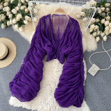 Pleated Puff Sleeves Slim Short Fashionable Chiffon Shirt Tops