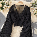 Pleated Puff Sleeves Slim Short Fashionable Chiffon Shirt Tops