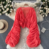 Pleated Puff Sleeves Slim Short Fashionable Chiffon Shirt Tops
