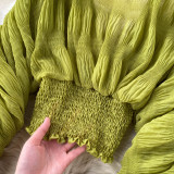 Pleated Puff Sleeves Slim Short Fashionable Chiffon Shirt Tops