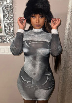 Spring Summer Women's Print High Neck Bodycon Dress