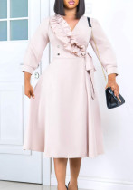 Women's Fashion Chic Solid Color V-Neck Pleated High Waist Swing Dress