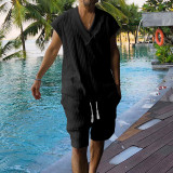 Men's Summer Loose Sleeveless T-Shirt Shorts Men's Summer Casual Jacquard Knitting Set
