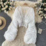Pleated Puff Sleeves Slim Short Fashionable Chiffon Shirt Tops