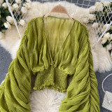 Pleated Puff Sleeves Slim Short Fashionable Chiffon Shirt Tops