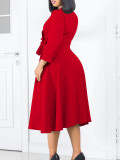 Women's Fashion Chic Solid Color V-Neck Pleated High Waist Swing Dress